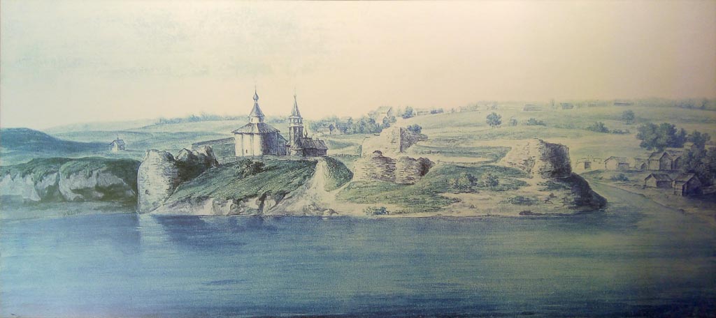Церковь Георгия Победоносца, Старая Ладога (Волховский район, Ленинградская область). графика, Д.И. Иванов. Вид Староладожской крепости, взятый с правого берега Волхова. 1809. (Изображение переснято в музее в церкви св. Димитрия Солунского.)