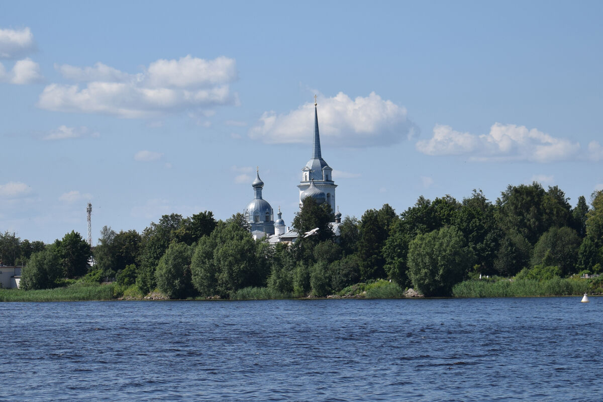 Собор Рождества Пресвятой Богородицы, Новая Ладога (Волховский район, Ленинградская область). общий вид в ландшафте, Вид с правого берега Волхова, из села Немятово