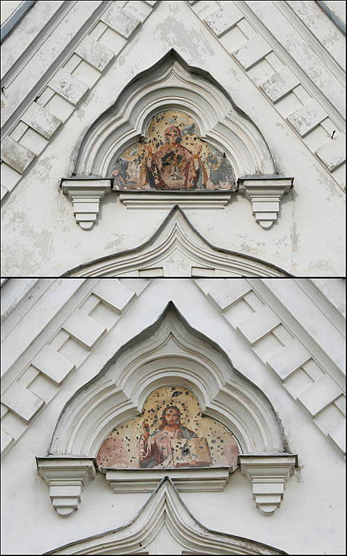 Десятинный монастырь, Великий Новгород (Великий Новгород, город, Новгородская область). архитектурные детали, Надвратные иконы: Икона Спасителя со стороны города, икона Божией Матери со стороны монастыря.