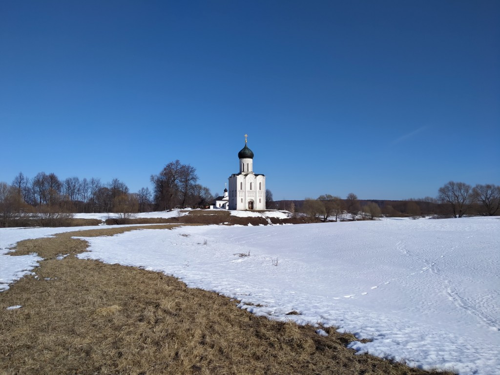 Боголюбово. Церковь Покрова Пресвятой Богородицы на Нерли. общий вид в ландшафте