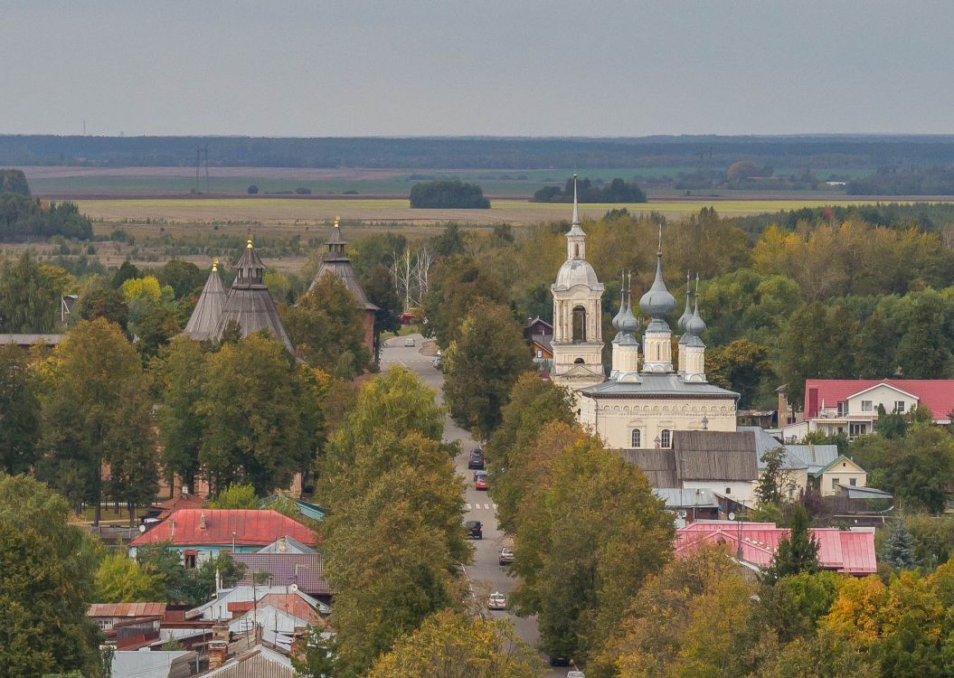 Вид с колокольни Ризоположенского монастыря, общий вид в ландшафте. Храмовый комплекс.  Церкви Симеона Столпника и Смоленской иконы Божией Матери, Суздаль (Суздальский район, Владимирская область)