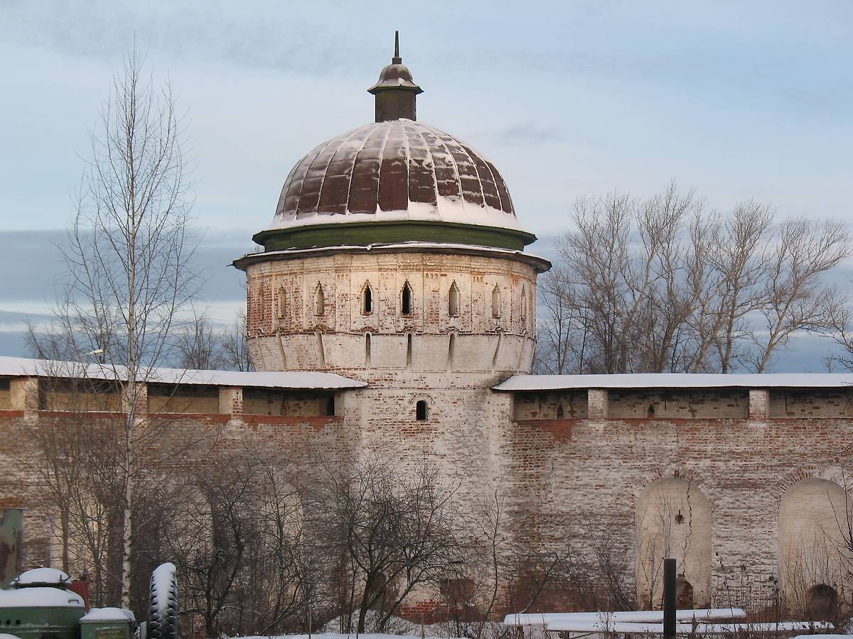 Северо-Западная башня внутри, общий вид в ландшафте. Борисоглебский монастырь, Борисоглебский (Борисоглебский район, Ярославская область)