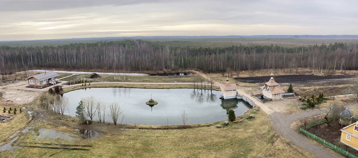 Вид с колокольни на Святое озеро (с севера), общий вид в ландшафте. Иоанно-Богословский Савво-Крыпецкий мужской монастырь, Крыпецкое (Псковский район, Псковская область)