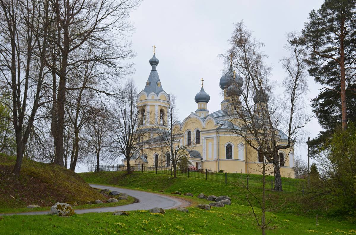 общий вид в ландшафте. Церковь Успения Пресвятой Богородицы, Лезье (Кировский район, Ленинградская область)