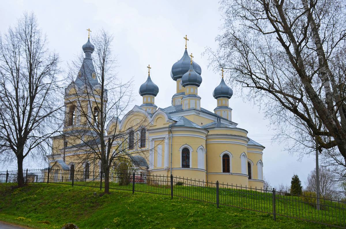 общий вид в ландшафте. Церковь Успения Пресвятой Богородицы, Лезье (Кировский район, Ленинградская область)