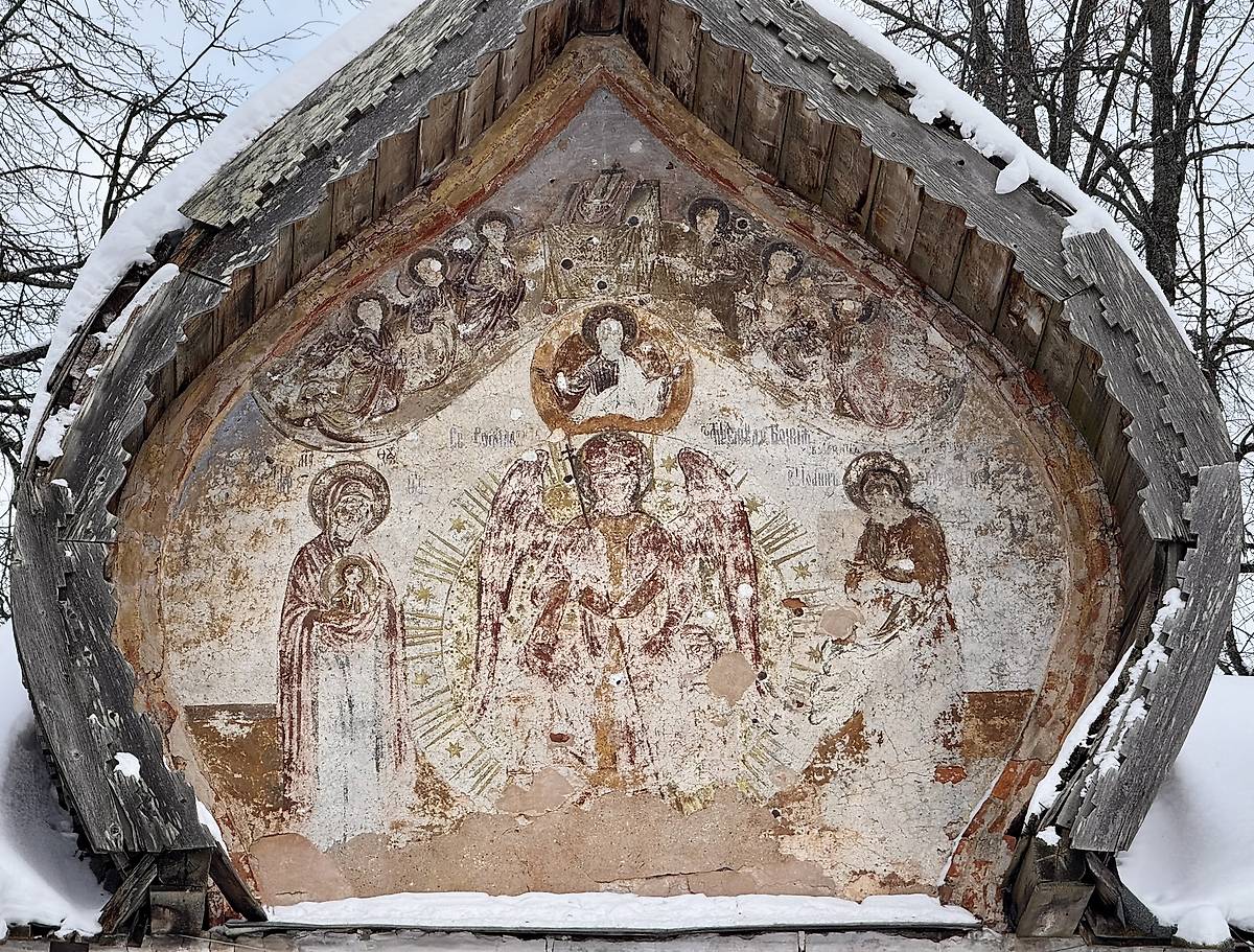 Фреска "София Премудрость Божия" в восточной бочке Святых ворот, вид с юга, дополнительная информация. Собор иконы Божией Матери "Знамение", Великий Новгород (Великий Новгород, город, Новгородская область)