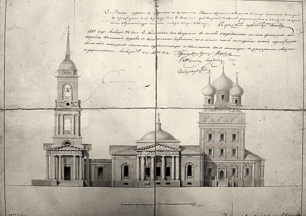 Проект перестройки храма Михаила Архангела. 1825 г. С сайта: https://bronblag.ru/sobornyj-kompleks-goroda-bronnicy/, графика. Собор Михаила Архангела, Бронницы (Раменский район и гг. Бронницы, Жуковский, Московская область)