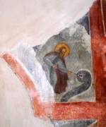 Кремль. Церковь Сергия Радонежского с Евфимиевской часозвоней, Открытие прп. Сергием родника. Фреска XV в., Великий Новгород, Великий Новгород, город, Новгородская область