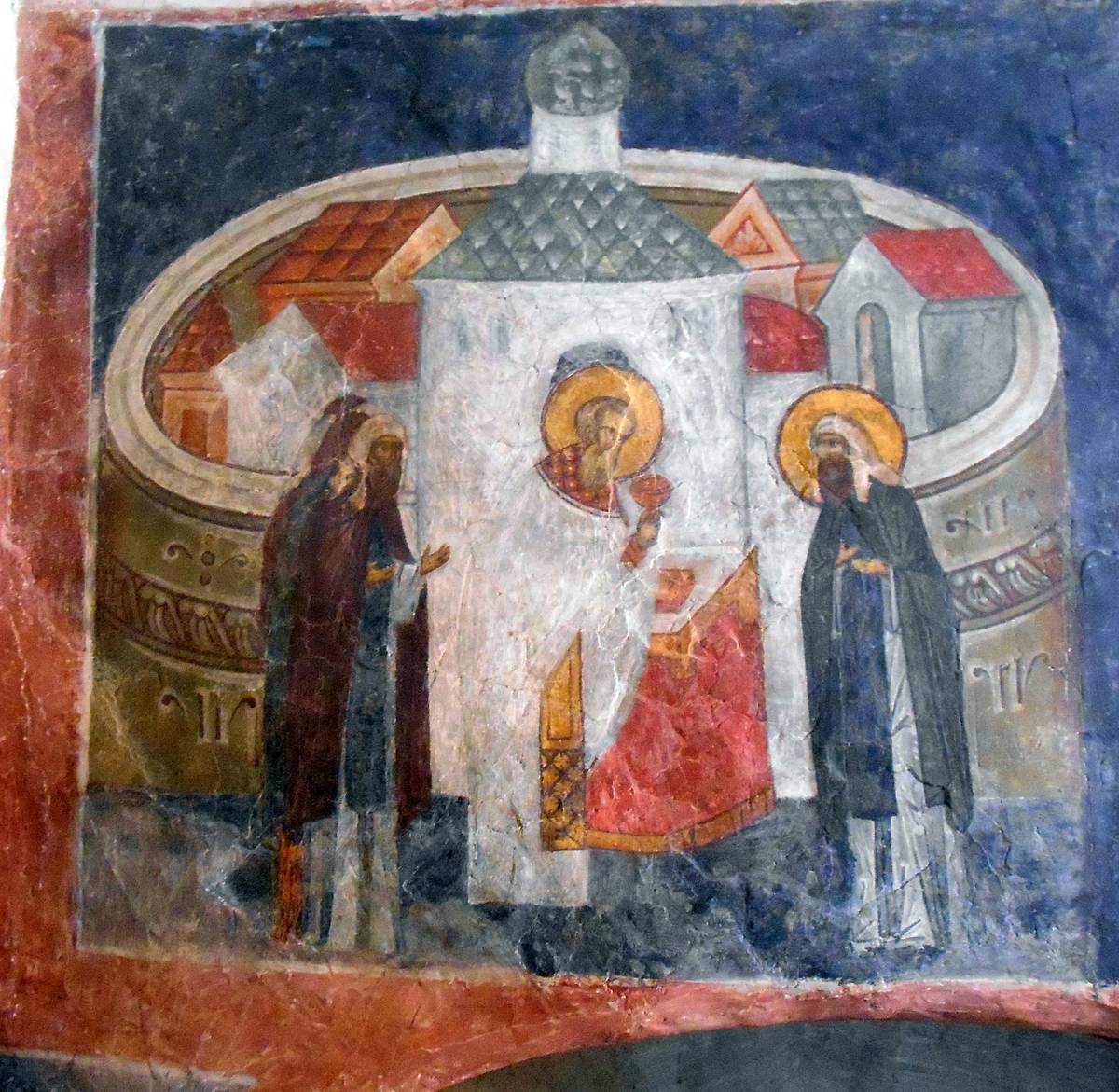 Сошествие небесного огня. Фреска XV в., интерьер и убранство. Кремль. Церковь Сергия Радонежского с Евфимиевской часозвоней, Великий Новгород (Великий Новгород, город, Новгородская область)