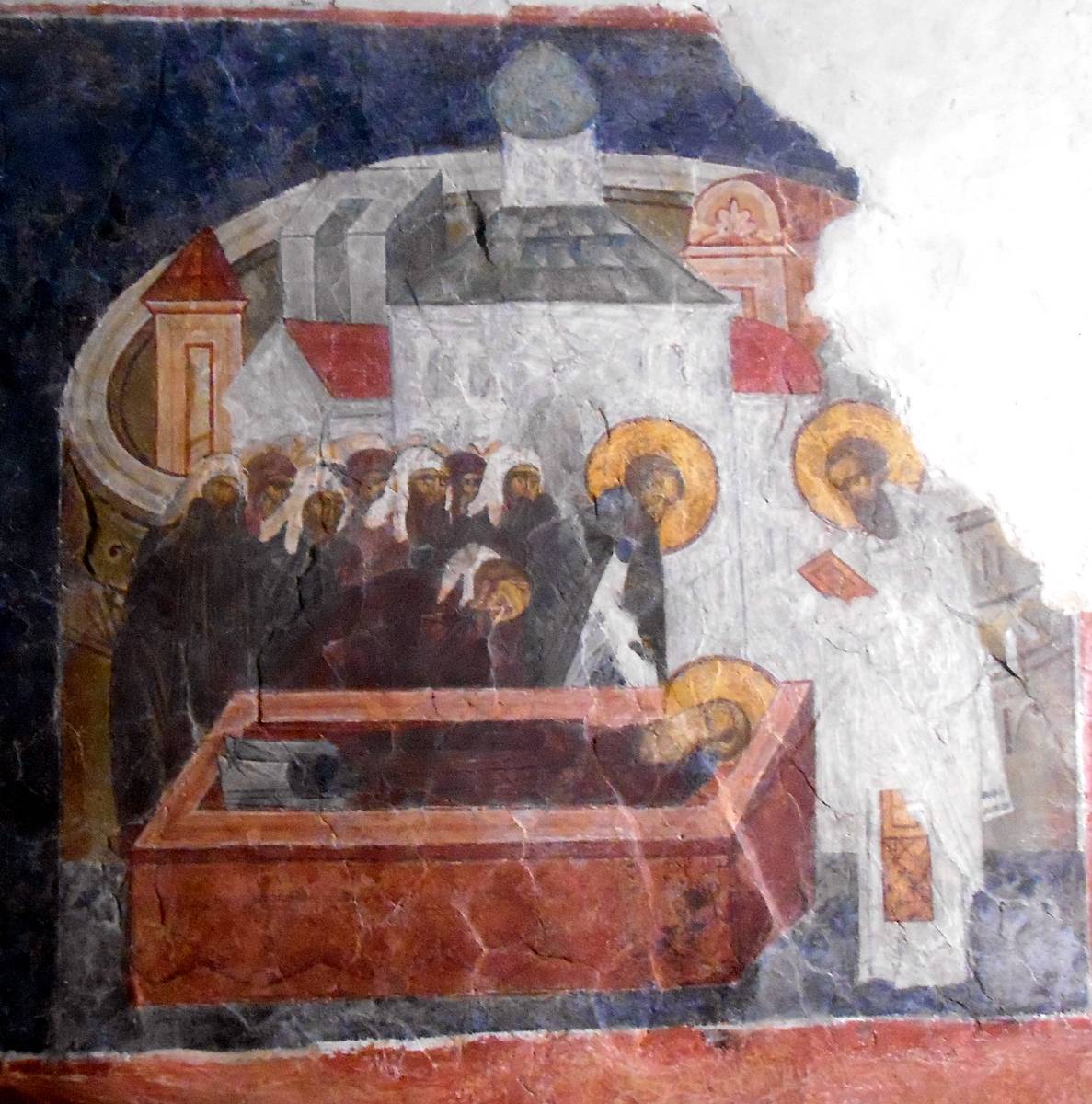 Успение прп. Сергия. Фреска XV в., интерьер и убранство. Кремль. Церковь Сергия Радонежского с Евфимиевской часозвоней, Великий Новгород (Великий Новгород, город, Новгородская область)