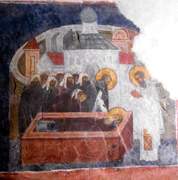 Кремль. Церковь Сергия Радонежского с Евфимиевской часозвоней, Успение прп. Сергия. Фреска XV в., Великий Новгород, Великий Новгород, город, Новгородская область