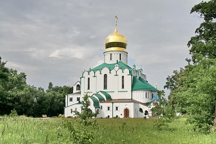 Пушкин (Царское Село). Собор Феодоровской иконы Божией Матери в Царском Селе. общий вид в ландшафте