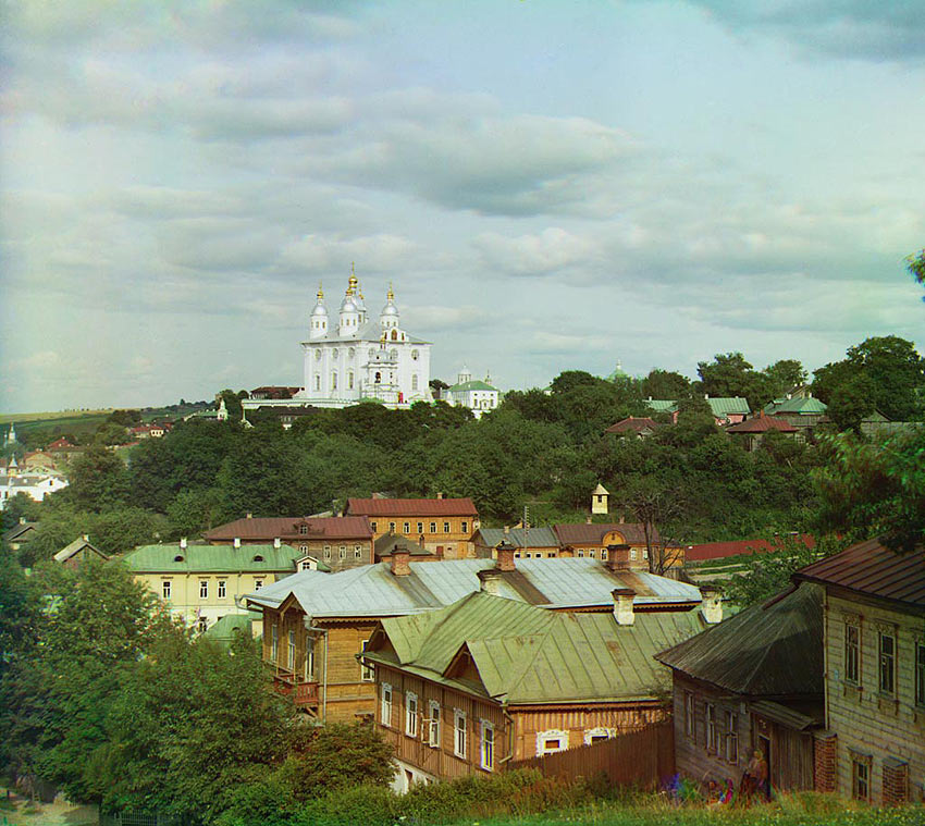 Кафедральный собор Успения Пресвятой Богородицы, Смоленск (Смоленск, город, Смоленская область). архивная фотография, С Казанской горы. Фотография С.М.Прокудина-Горского, 1912. Оригинал: http://cdn.loc.gov/service/pnp/prokc/20400/20410v.jpg. Восстановленное изображение: http://ps-spb2008.narod.ru/1812_smolensk1.htm