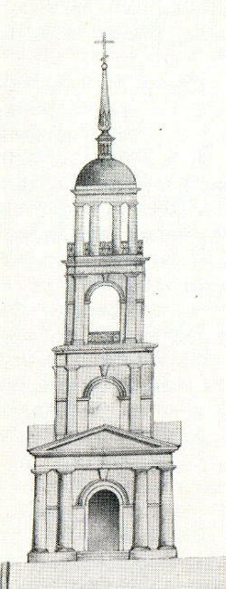 И.Ф. Львов. Проект колокольни при Вознесенской церкви. Фасад. 1849: https://hram-tver.ru/index.php/khramy-tverskoj-oblasti/kashin/724-kashin-vozneseniya-gospodnya-sobor , графика. Кафедральный собор Вознесения Господня, Кашин (Кашинский городской округ, Тверская область)