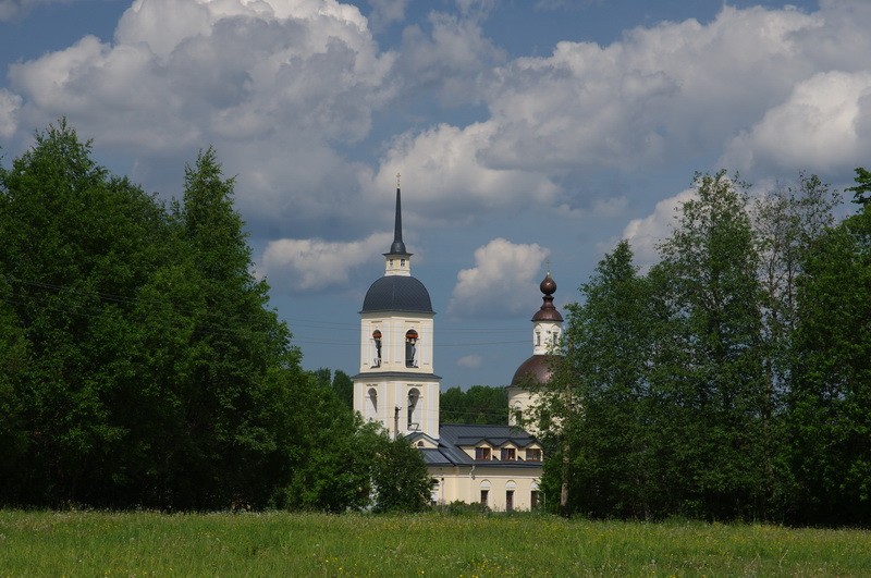 Церковь Троицы Живоначальной, Горка Хваловская (Волховский район, Ленинградская область). общий вид в ландшафте