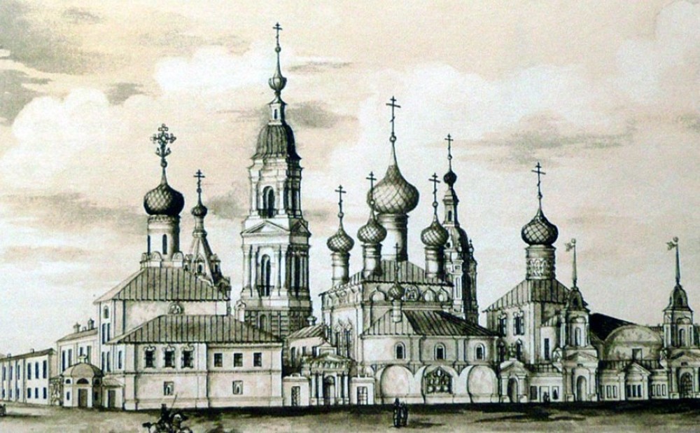 Кирилло-Афанасьевский монастырь, Ярославль (Ярославль, город, Ярославская область). графика, Кирилло-Афанасьевский монастырь, общий вид. Церковь Воскресения Христова (слева) до перестройки - с одной главой