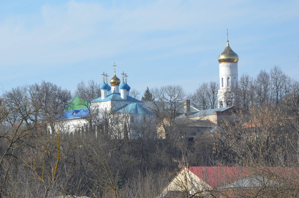 Собор Покрова Пресвятой Богородицы на Покровской горе, Брянск (Брянск, город, Брянская область). дополнительная информация, Вид из-за р.Десна. Справа - колокольня 