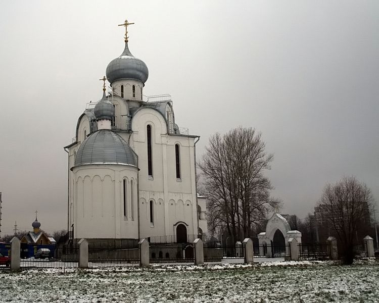Церковь Благовещения Пресвятой Богородицы, Красногвардейский район (Санкт-Петербург, г. Санкт-Петербург). фасады, Вид с юго-востока. Слева на заднем плане - часовня