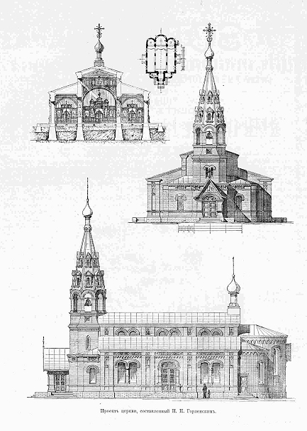 Церковь Троицы Живоначальной на Троицком кладбище, Ломоносов (Санкт-Петербург, Петродворцовый район, г. Санкт-Петербург). графика, Проект арх. И. П. Горленского. Изображение из журнала 