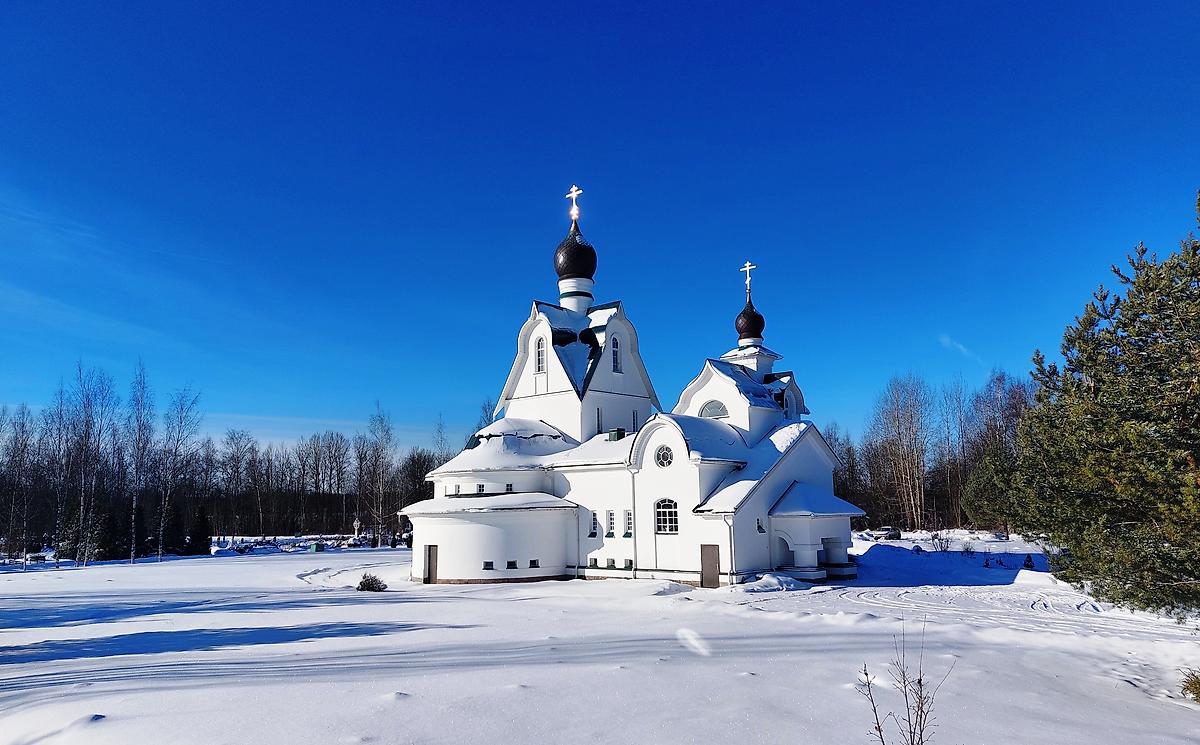 общий вид в ландшафте. Церковь Троицы Живоначальной на Петергофском городском (Бабигонском) кладбище, Петергоф (Санкт-Петербург, Петродворцовый район, г. Санкт-Петербург)