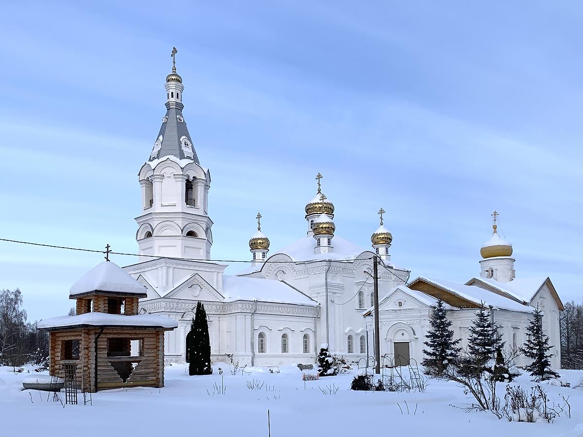 общий вид в ландшафте. Никольский Косинский монастырь, Косино (Старорусский район, Новгородская область)