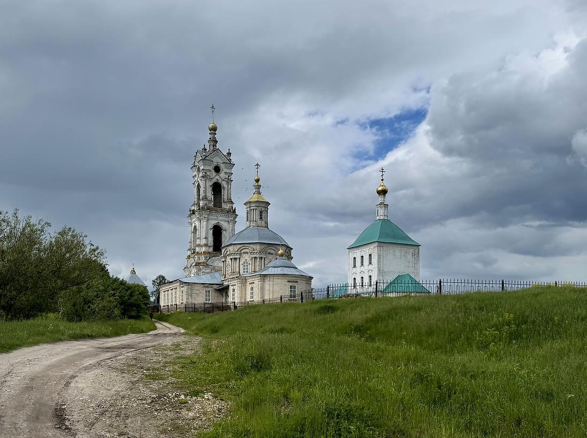 Вид с востока от реки, общий вид в ландшафте. Храмовый комплекс Гусевского погоста, Погост (Касимовский район и г. Касимов, Рязанская область)