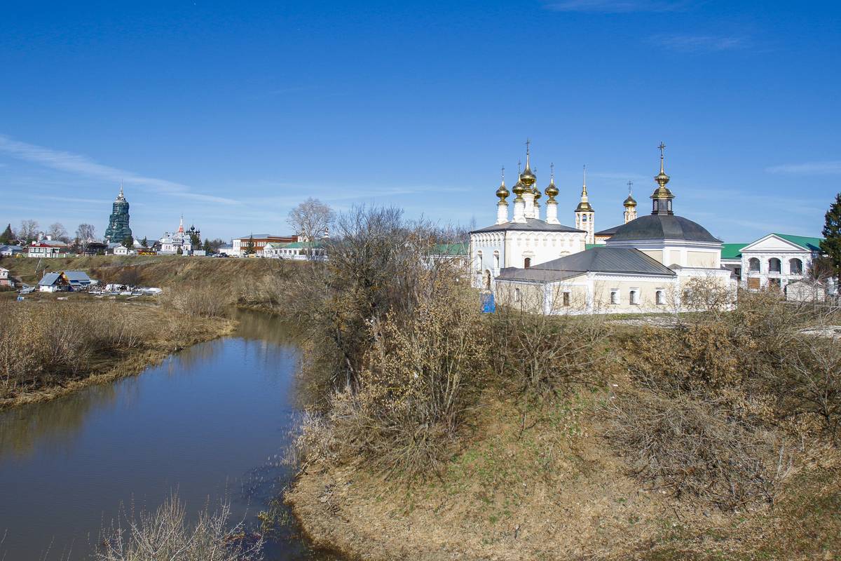 общий вид в ландшафте. Храмовый комплекс. Церкви Николая Чудотворца и Входа Господня в Иерусалим, Суздаль (Суздальский район, Владимирская область)