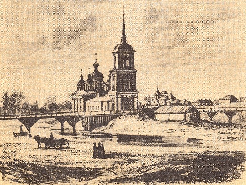 Смоленский собор. Рисунок XIX века. Изображение из архива Олонецкого национального музея карелов-ливвиков., графика. Собор Смоленской иконы Божией Матери, Олонец (Олонецкий район, Республика Карелия)