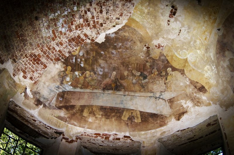 Церковь Воздвижения Креста Господня, Игрищи (Ярославский район, Ярославская область). интерьер и убранство, фреска "Тайная вечеря", фрагмент росписи сводов купола алтаря