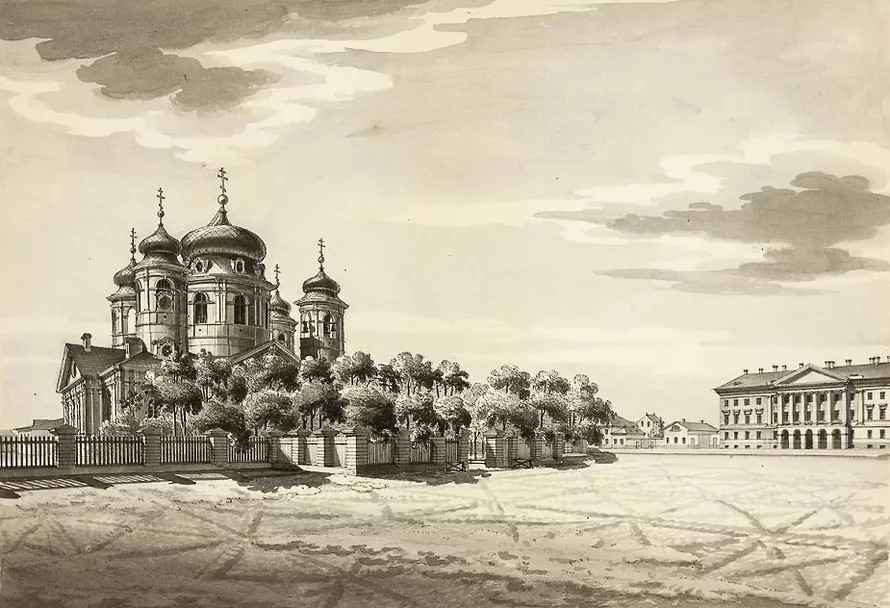Собор Преображения Господня, Центральный район (Санкт-Петербург, г. Санкт-Петербург). графика, Спасо-Преображенский собор. Начало 1820-х годов. Репродукция гравюры, Карл Фридрих Сабат.