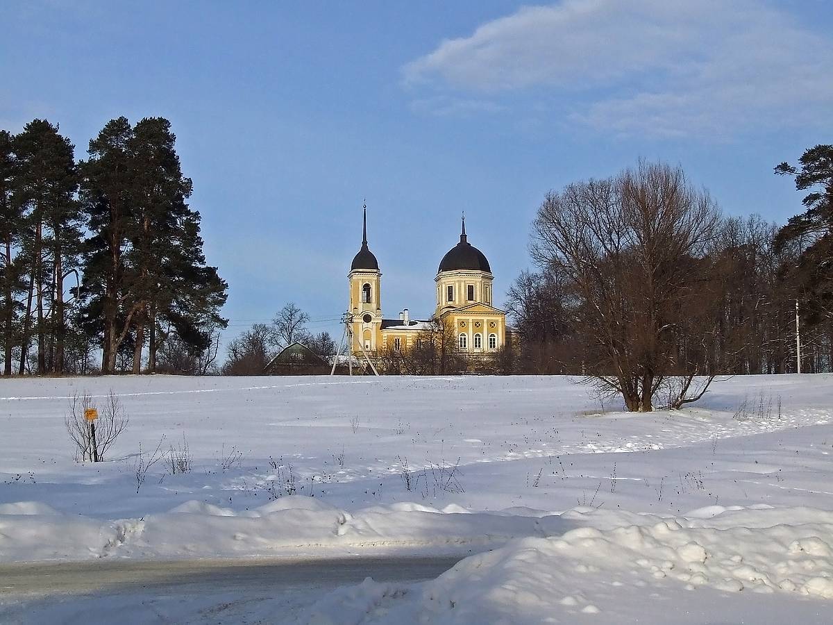 общий вид в ландшафте. Церковь Николая Чудотворца, Семёновское (Ступинский городской округ, Московская область)