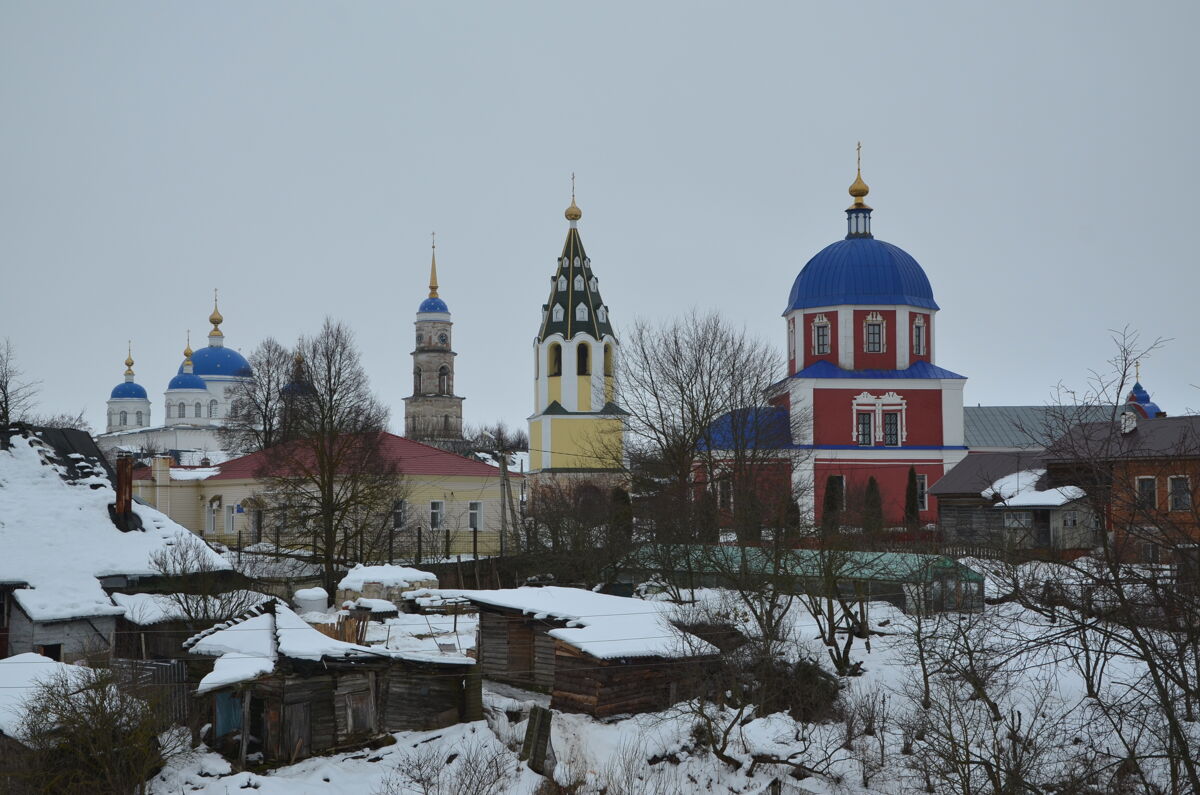 Церковь Благовещения Пресвятой Богородицы, Мещовск (Мещовский район, Калужская область). фасады, Вид с Мещовского городища