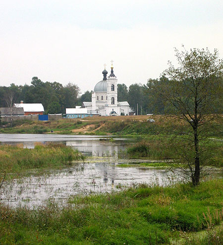 Балашиха. Церковь Спаса Преображения в Саввино. общий вид в ландшафте, Церковь и пруд