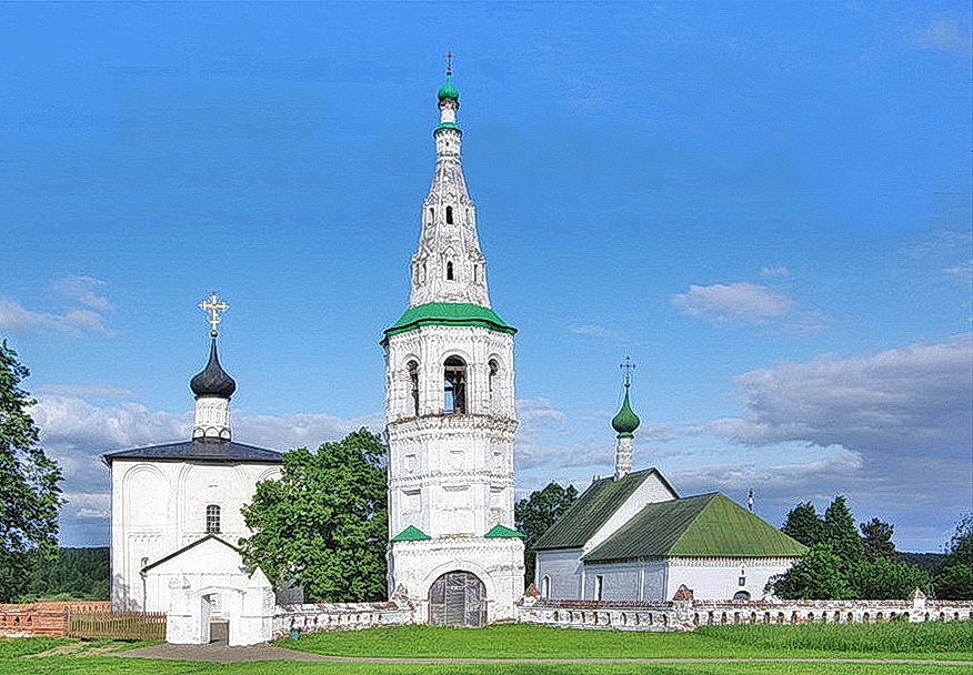 Кидекша. Борисоглебский монастырь. фасады, Слева церковь Бориса и Глеба, справа от колокольни церковь Стефана Архидиакона.