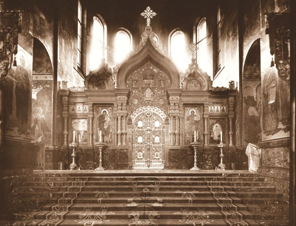 Собор Воскресения Христова, Центральный район (Санкт-Петербург, г. Санкт-Петербург). архивная фотография, Иконостас храма Воскресения Христова. Фотография выполнена в день освящения храма в августе 1907 года.