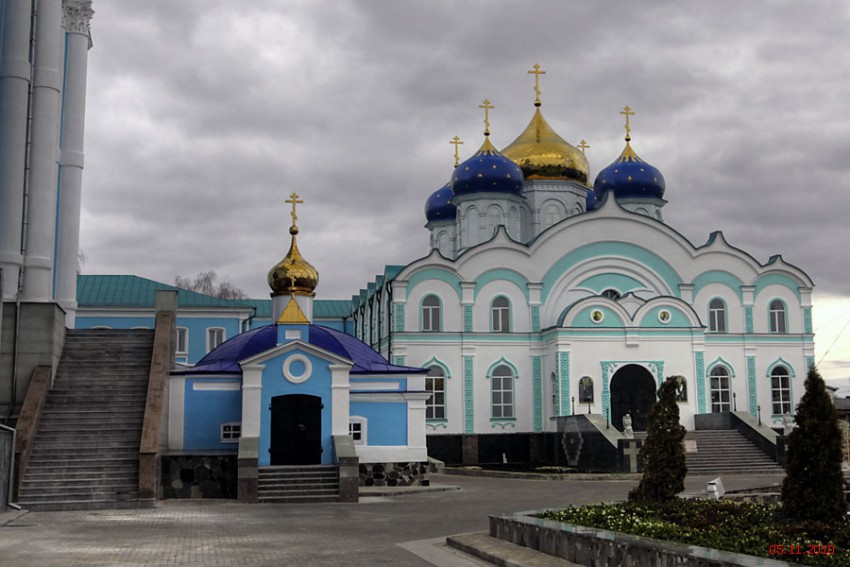 Задонск. Задонский Рождество-Богородицкий мужской монастырь. Церковь Тихона Задонского и Игнатия Богоносца. общий вид в ландшафте