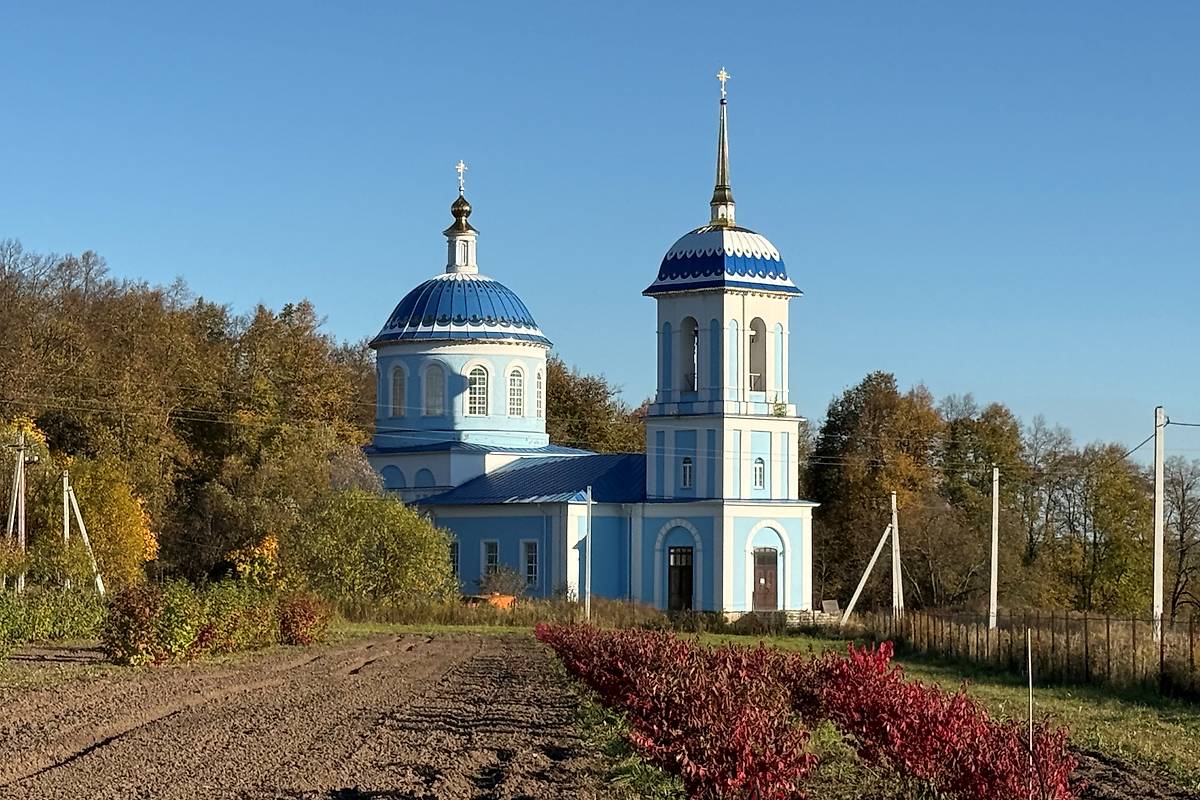 общий вид в ландшафте. Церковь Покрова Пресвятой Богородицы, Романово (Киреевский район, Тульская область)