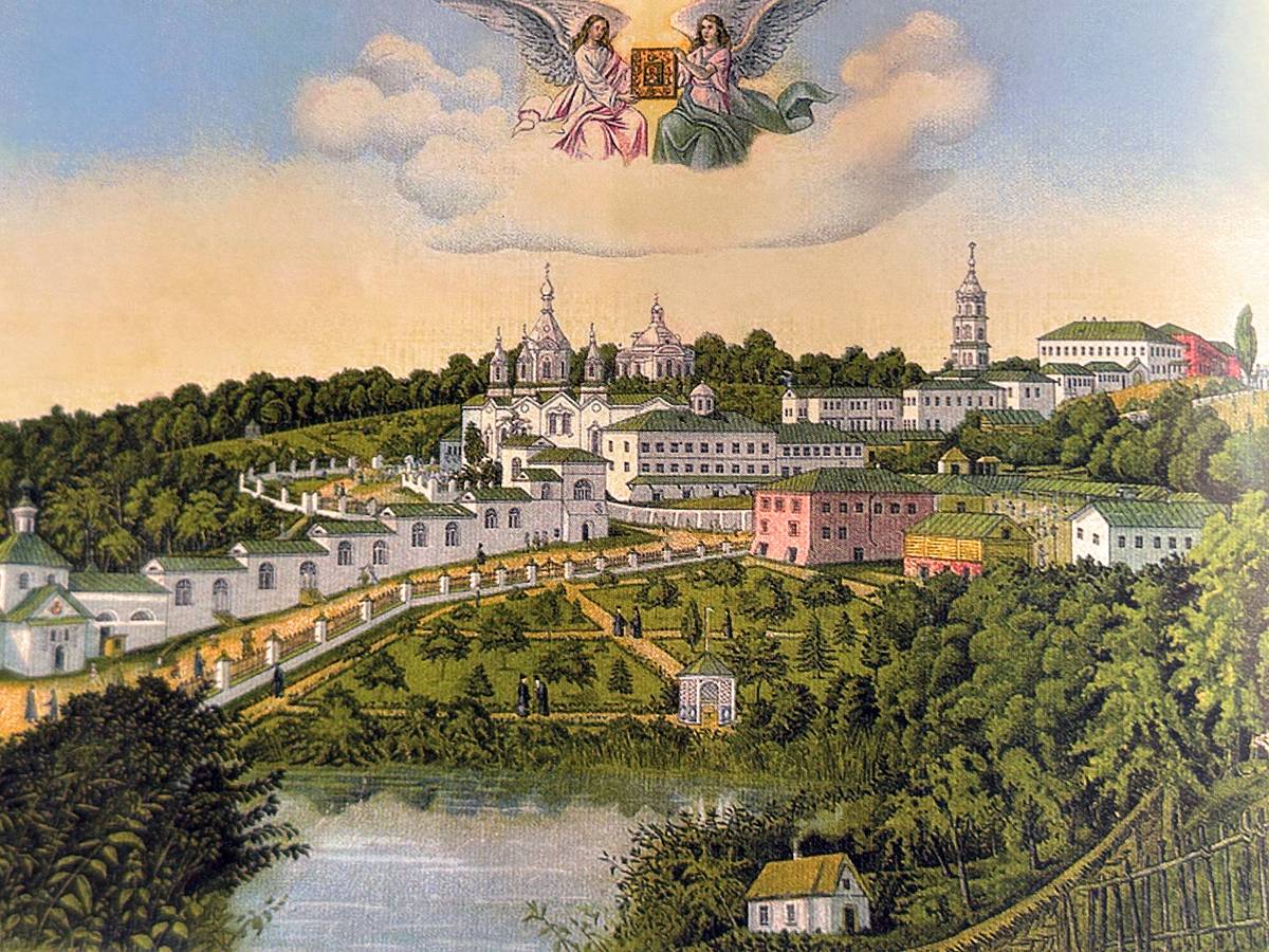 Монастырь Коренная Рождества Богородицы пустынь. Раскрашенная литография. 1880-е гг., архивная фотография. Рождества Пресвятой Богородицы Коренная пустынь, Свобода (Золотухинский район, Курская область)