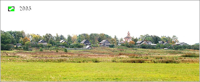 Кузьмадино. Церковь Космы и Дамиана. общий вид в ландшафте, Панорама села и церкви с северо-запада