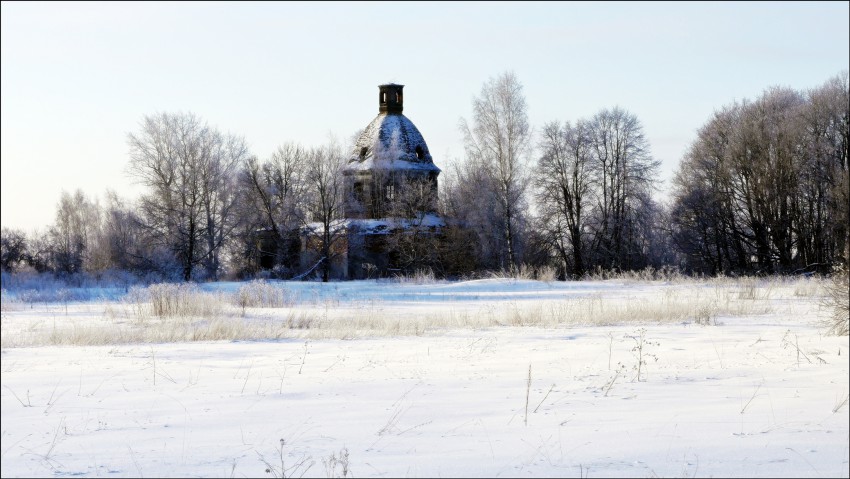 Клины. Церковь Покрова Пресвятой Богородицы. общий вид в ландшафте, Вид с дороги. Зимой к церкви не проехать