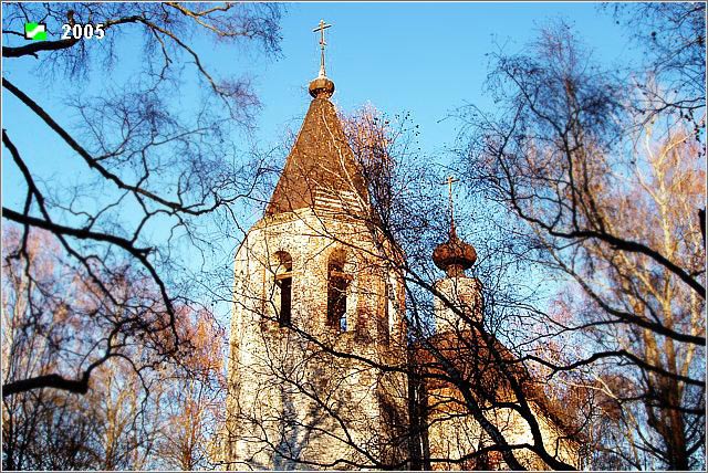 Алачино. Церковь Николая Чудотворца. фасады, С южной стороны церковь сильно затеснена кладбищем и деревьями, переходящими в лес. Рассмотреть её можно только глубокой осенью, когда полностью опадает листва.