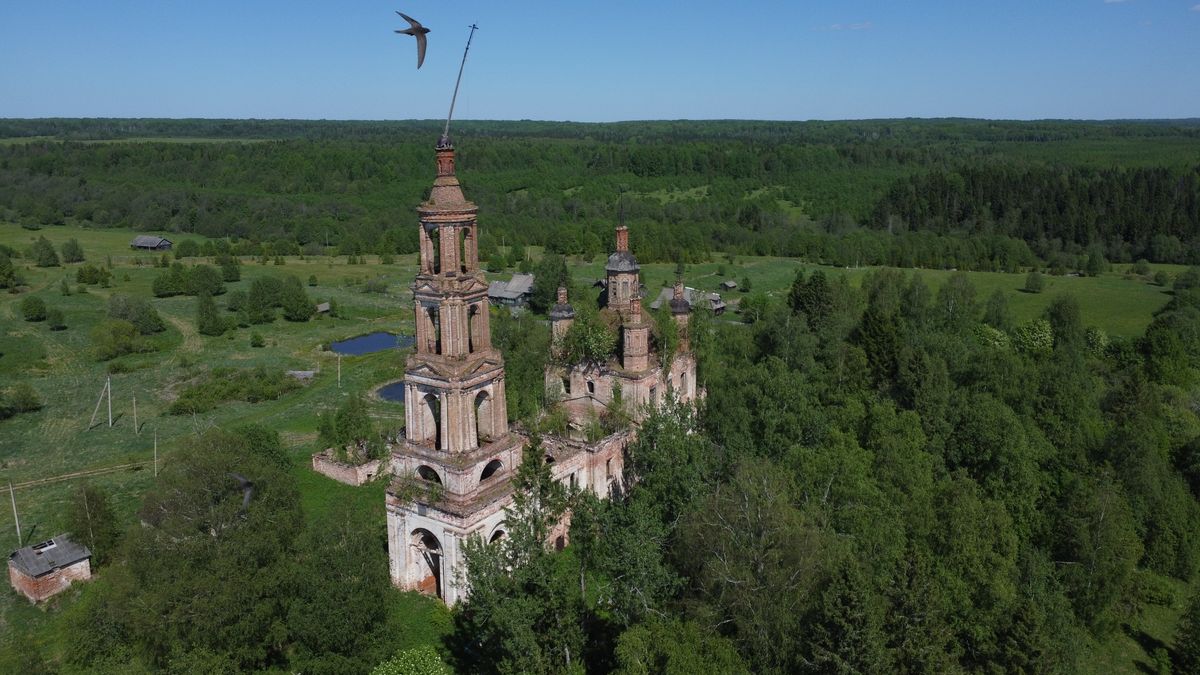 общий вид в ландшафте. Церковь Троицы Живоначальной, Зашугомье (Солигаличский район, Костромская область)