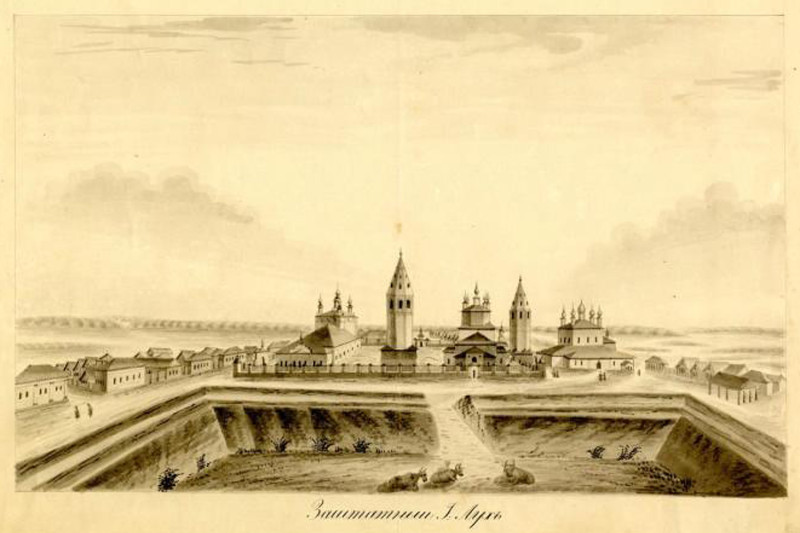 Вид Луха на рисунке Чернецовых (1838 г.)., графика. Ансамбль Воскресенской и Успенской церквей и Троицкого собора, Лух (Лухский район, Ивановская область)