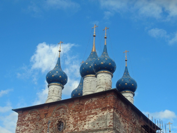 Кирпичный храм с черными куполами