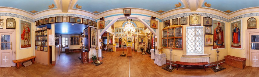 Церковь Георгия Победоносца в Новосёлках, Ивантеевка (Пушкинский район и гг. Ивантеевка, Королёв, Московская область). интерьер и убранство, Круговая панорама внутреннего убранства храма