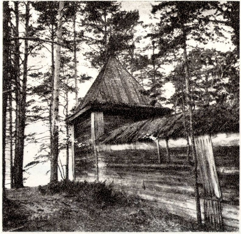 Кийский Крестный монастырь, Кий-остров (Онежский район, Архангельская область). архивная фотография, Ограда монастыря. Фото Ю.Д. Рыбакова 1970-х годов из книги 