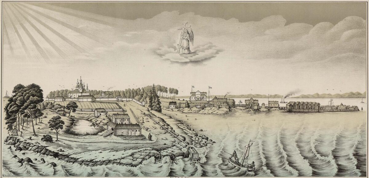 Кийский Крестный монастырь, Кий-остров (Онежский район, Архангельская область). графика, Вид Крестного Онежского монастыря с южной стороны. Литография из коллекции РГБ.
