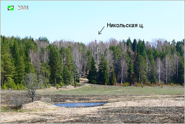 Церковь Николая Чудотворца, Озёрки (погост Николо-Дебри) (Вязниковский район, Владимирская область). дополнительная информация, Панорама урочища, на лесистой возвышенности, в густой чаще расположена Никольская церковь. Вид с северо-запада от бывшей деревни Озерки