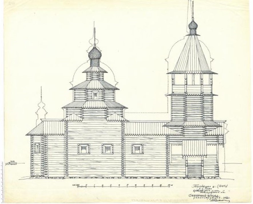 Церковь Георгия Победоносца, Ручьи (Крестецкий район, Новгородская область). графика, Северный фасад. Реконструкция Красноречьева Л. Е. 1988 г. из фондов Новгородского музея-заповедника. (ГК № 6633603)
