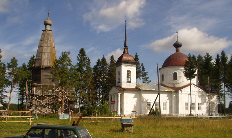 Храмовый комплекс. Церкви Рождества Христова и Покрова Пресвятой Богородицы, Большая Шалга, урочище (Каргопольский район, Архангельская область). общий вид в ландшафте